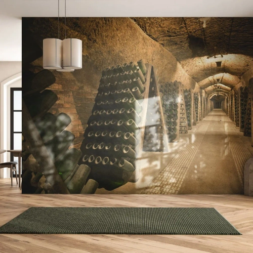 Fototapet Selvklæbende Deluxe Sticker - Smagens fødsel - Gastronomi, En flaske vin, Vinkælder - 350x256 cm