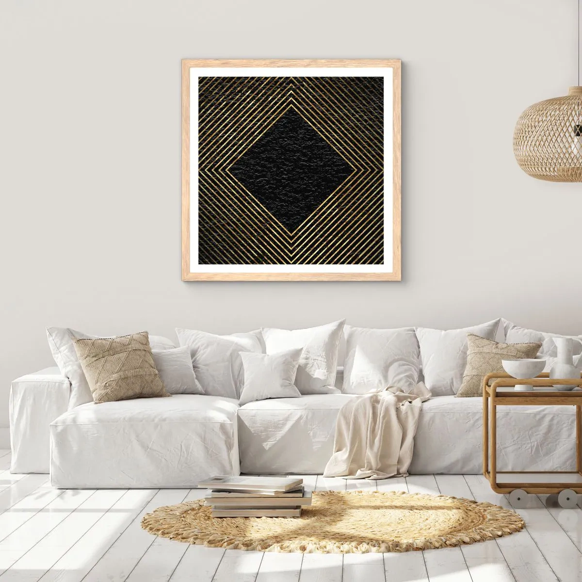Plakat i ramme af lyst egetræ - Geometri i glamour-stil - 60x60 cm