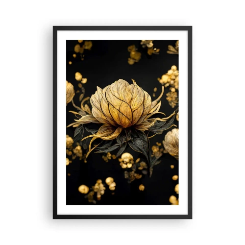 Plakat i sort ramme - En gylden blomst på en sort baggrund i en elegant komposition - 50x70cm - Subtil skrøbelighed - Moderne vægdekoration til stue og soveværelse ARTTOR