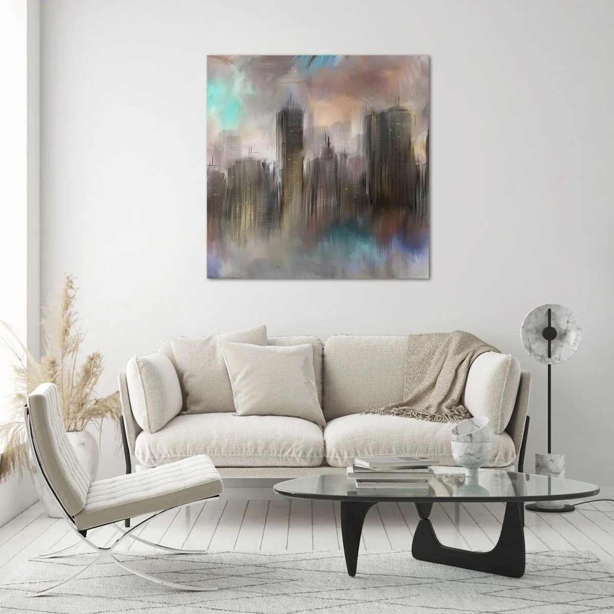 Billede på glas - En sammensætning af stål, sten og tåge - 70x70 cm