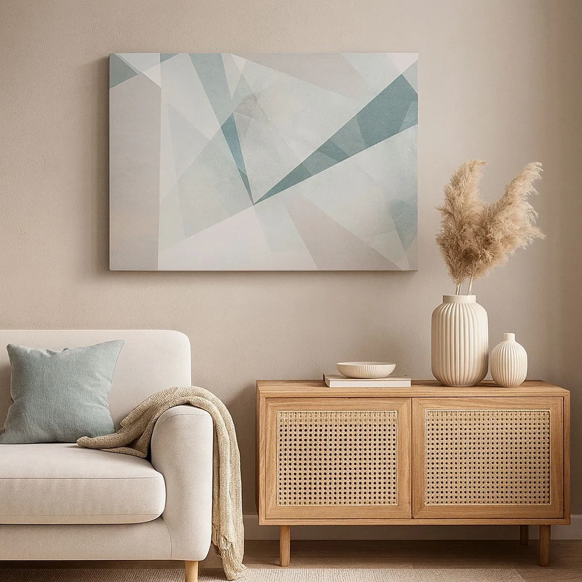 Lærredstryk - Billede på lærred - Geometriske former i pastelfarver af blå og grå - 70x50cm - Rolig og alligevel dynamisk - Moderne vægdekoration til stue og soveværelse ARTTOR