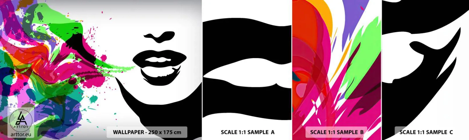 Prøve Fototapet Selvklæbende Deluxe Sticker - En historie i alle regnbuens farver - Abstraktion, Mund, Farverig grafik - 100x30 cm