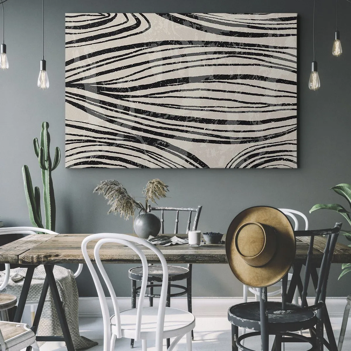 Lærredstryk - Billede på lærred - Abstrakte bølger i sorte og hvide nuancer - 70x50cm - Et spild af linjer - Moderne vægdekoration til stue og soveværelse ARTTOR