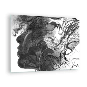 Billede på glas - Sort og hvid silhuet af en kvinde med abstrakte linjer - 70x50cm - Forviklet i drømme - Moderne vægdekoration til stue og soveværelse ARTTOR