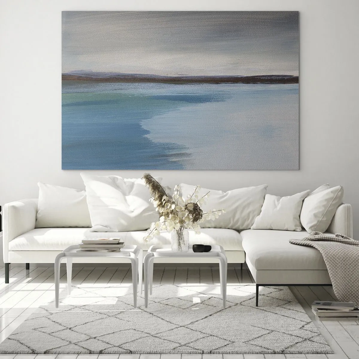Billede på glas - Et roligt landskab med vand og fjerne bakker i pastelfarver. - 70x50cm - Horisontalt landskab - Moderne vægdekoration til stue og soveværelse ARTTOR