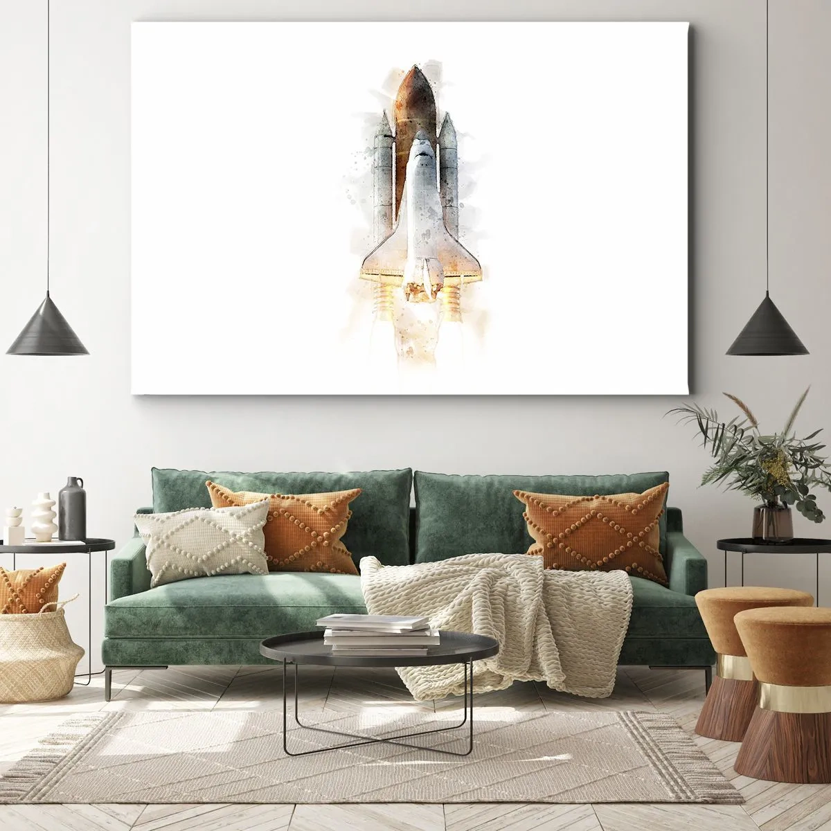 Lærredstryk - Billede på lærred - En kunstnerisk akvarelfortolkning af en rumfærge, der letter - 70x50cm - Opdagelsesrejsende i starten - Moderne vægdekoration til stue og soveværelse ARTTOR