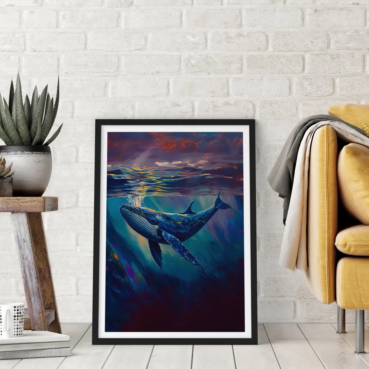 Plakat i sort ramme - Et stemningsfuldt billede af en hval i undervandslys - 50x70cm - Velkommen til min verden - Moderne vægdekoration til stue og soveværelse ARTTOR