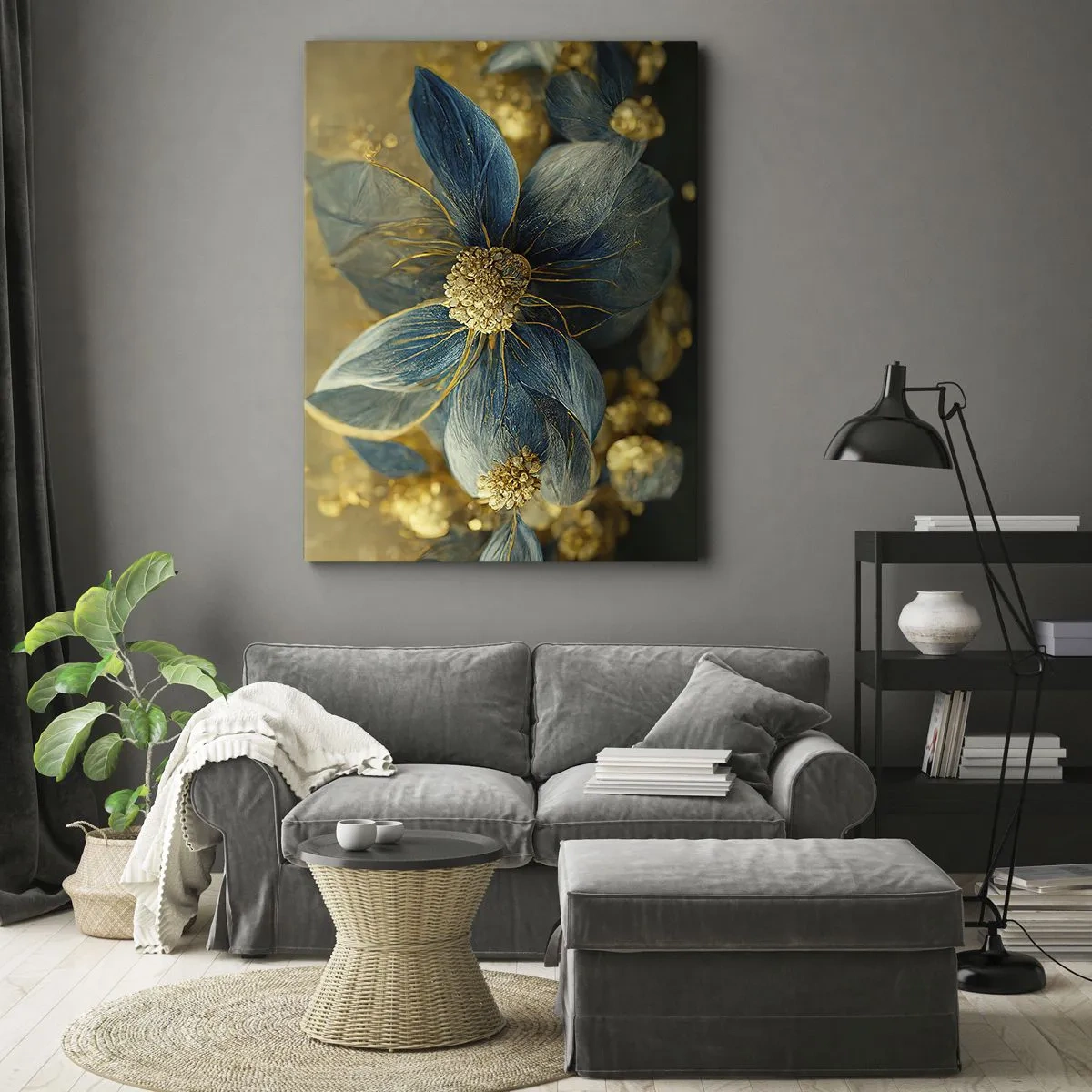 Lærredstryk - Billede på lærred - Blomstre med guld - 50x70 cm