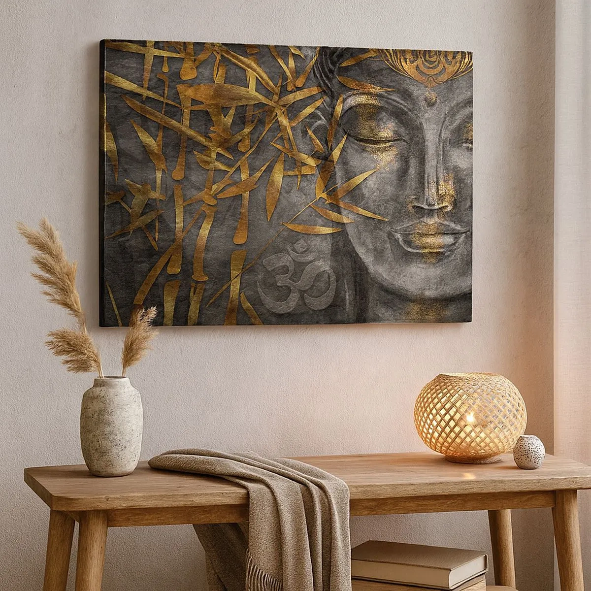 Lærredstryk - Billede på lærred - Zen Buddha-billede med gyldne bambus - 70x50cm - Mærk freden - Moderne vægdekoration til stue og soveværelse ARTTOR