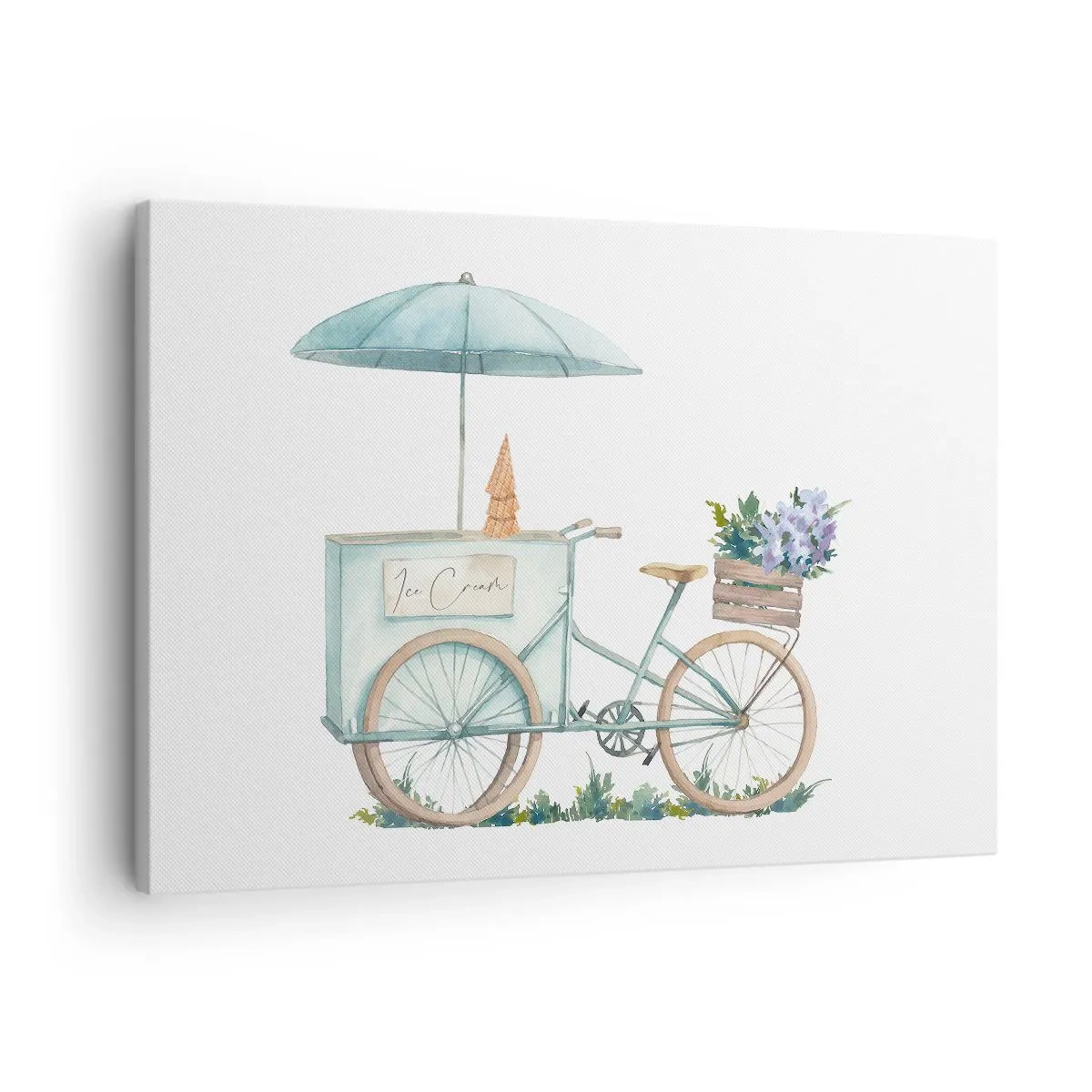 Lærredstryk - Billede på lærred - En cykel med is og blomster under en paraply i sarte pastelfarver - 70x50cm - Sødt minde om sommeren - Moderne vægdekoration til stue og soveværelse ARTTOR