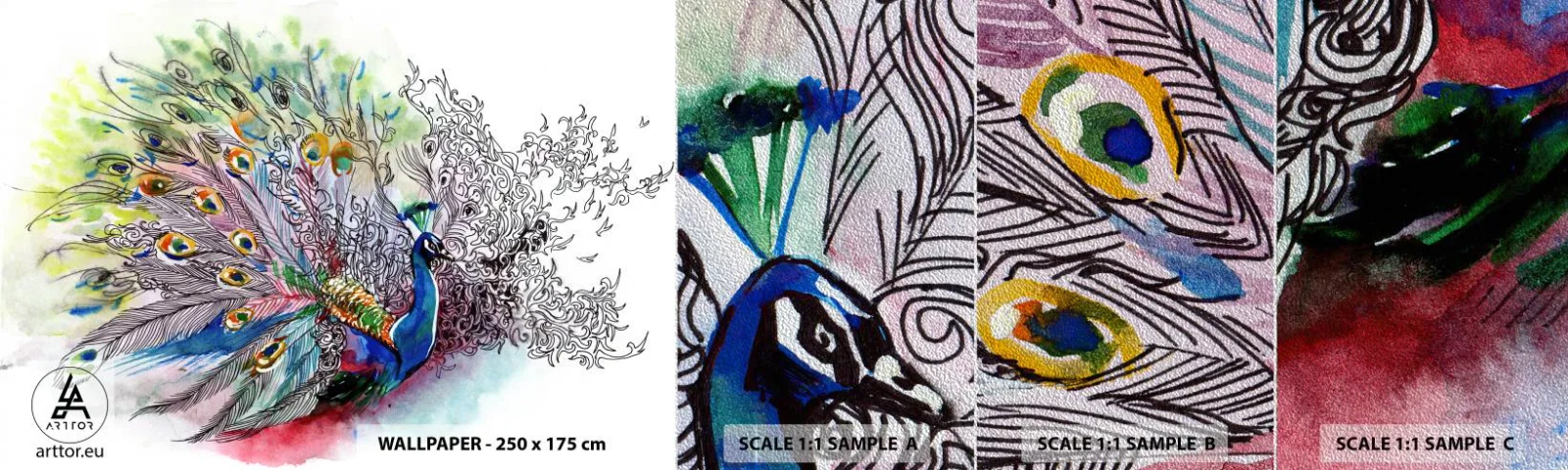 Prøve Fototapet Premium Sand - Med stolthed mod grå - Fugl, Påfugl, Fjer - 100x30 cm