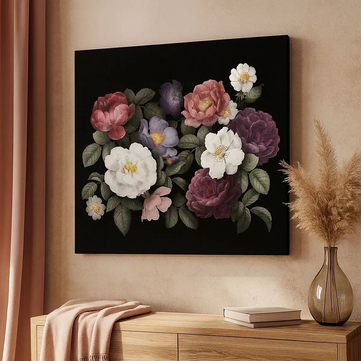 Lærredstryk - Billede på lærred - Blomster i forskellige farver på sort baggrund - 70x50cm - Fra en engelsk have - Moderne vægdekoration til stue og soveværelse ARTTOR