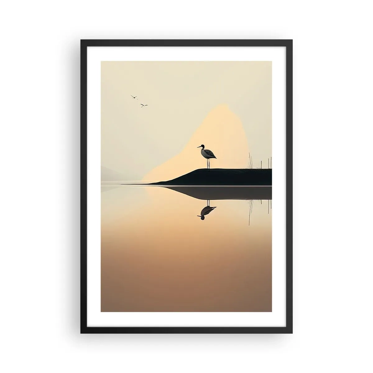 Plakat i sort ramme - En stork, der står på bredden af en sø med sit spejlbillede i vandet - 50x70cm - Herre på søen - Moderne vægdekoration til stue og soveværelse ARTTOR
