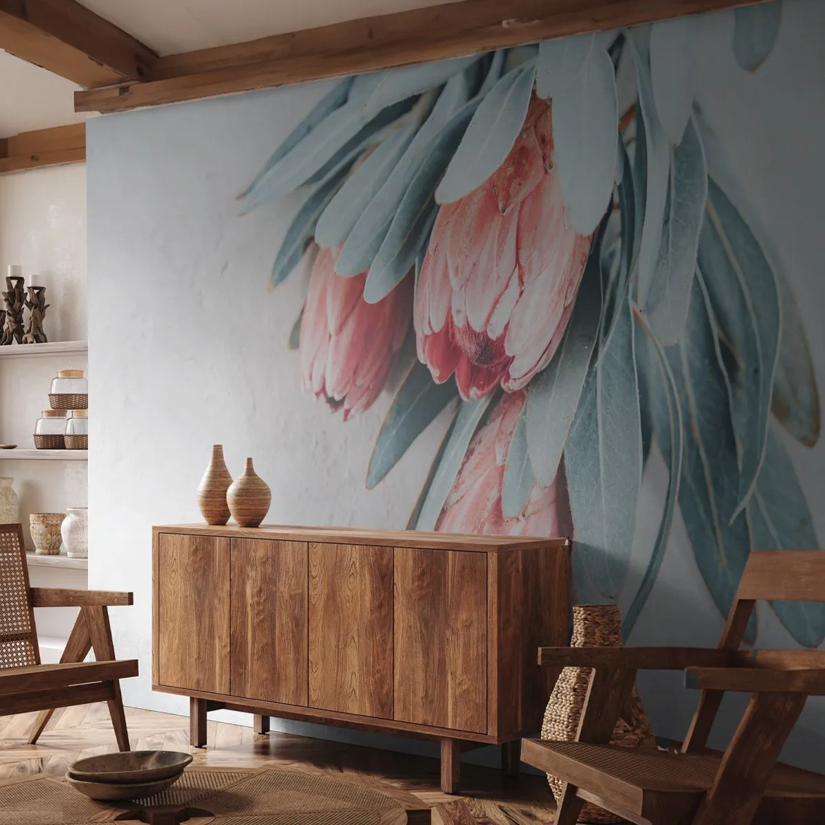 Fototapet Premium Sand - Skammer sig over deres egen skønhed - Blomst, Royal Protea, Afrika - 500x350 cm