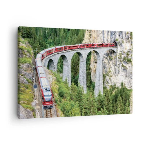 Lærredstryk - Billede på lærred - Et tog på en malerisk viadukt i et bjergrigt landskab - 70x50cm - Udsigt over bjergene til gengæld - Moderne vægdekoration til stue og soveværelse ARTTOR