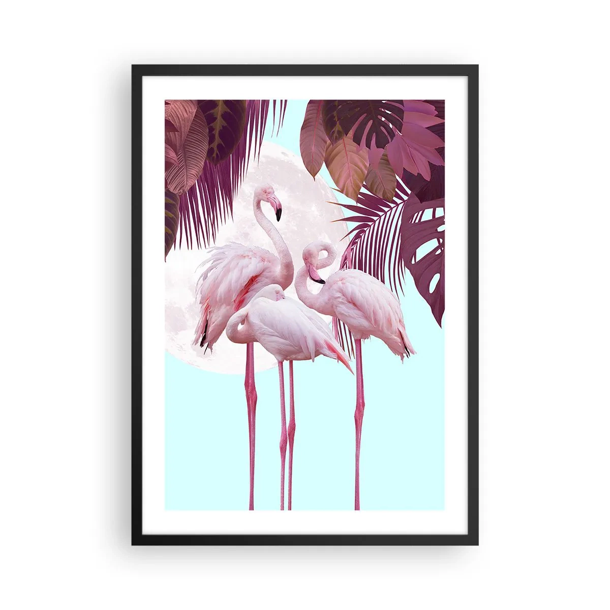 Plakat i sort ramme - Flamingoer mod en baggrund af tropisk løv og en fuldmåne - 50x70cm - Tre fugles ynde - Moderne vægdekoration til stue og soveværelse ARTTOR