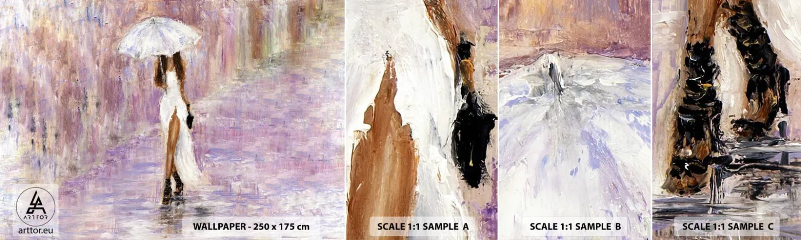 Fototapet Prøve Standard Eco - I den syrenrøde regn - Kvinde, Mode, Gå i regnen - 100x30 cm