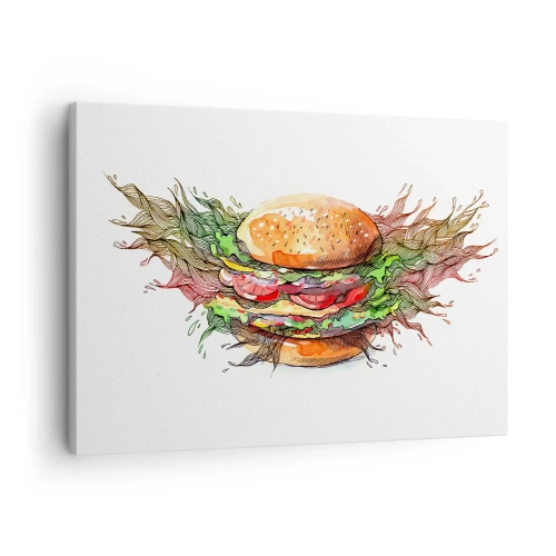 Lærredstryk - Billede på lærred - Kunstnerisk illustration af en burger med dynamiske elementer - 70x50cm - Varm fristelse - Moderne vægdekoration til stue og soveværelse ARTTOR