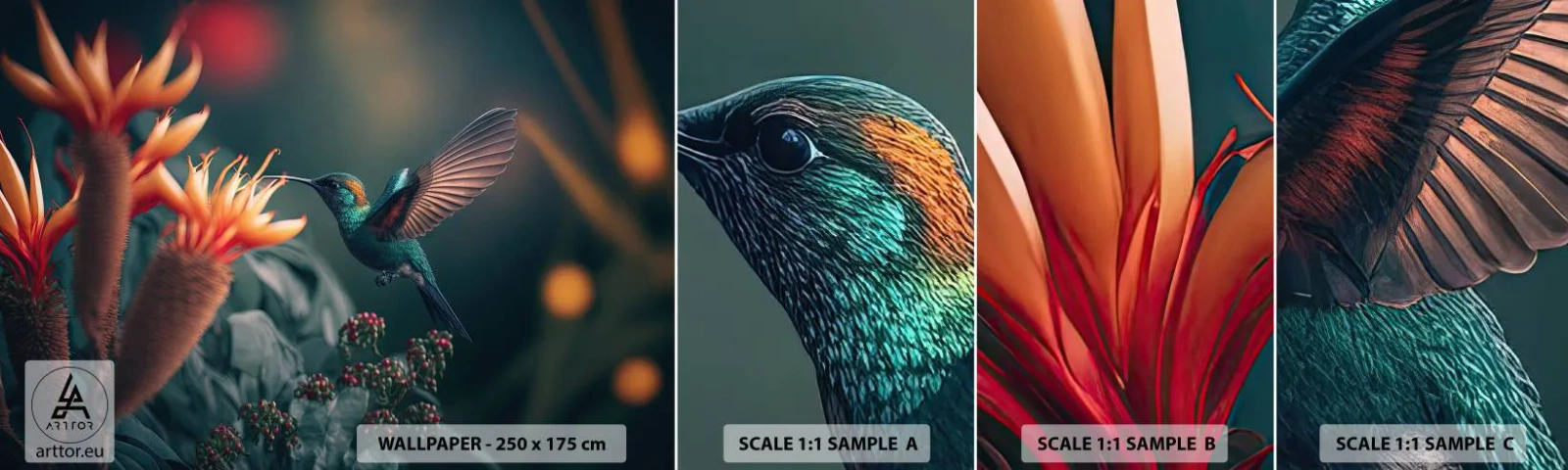 Fototapet Prøve Standard Eco - Et virkelig farverigt liv - Fugl, Eksotisk, Blomst - 100x30 cm