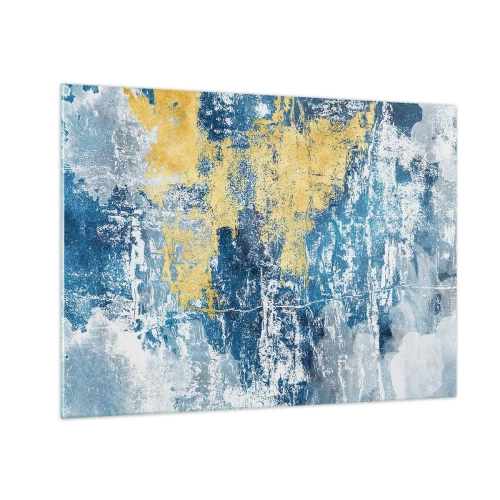 Billede på glas - Blå og gul abstraktion med en distressed og tekstureret effekt - 70x50cm - En fredfyldt abstraktion - Moderne vægdekoration til stue og soveværelse ARTTOR