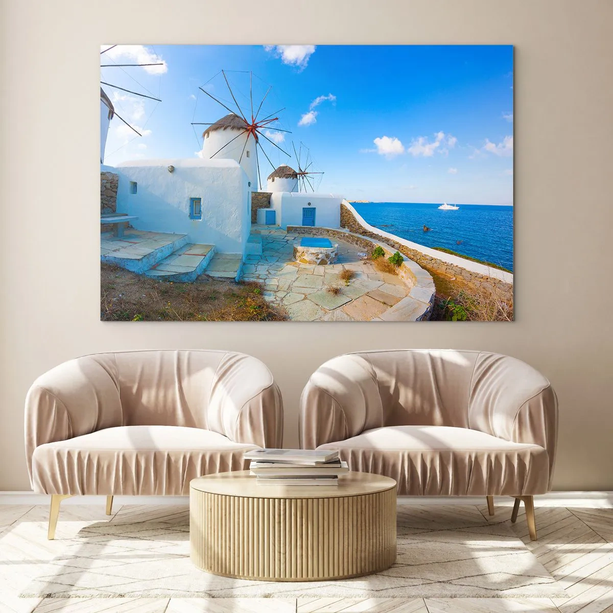 Billede på glas - Vindmøller på den ægæiske kyst - 70x50cm - Blå vind fra havet - Moderne vægdekoration til stue og soveværelse ARTTOR