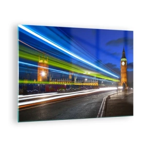 Billede på glas - Big Ben om natten med slørede billys - 70x50cm - Under Big Ben's øjne - Moderne vægdekoration til stue og soveværelse ARTTOR