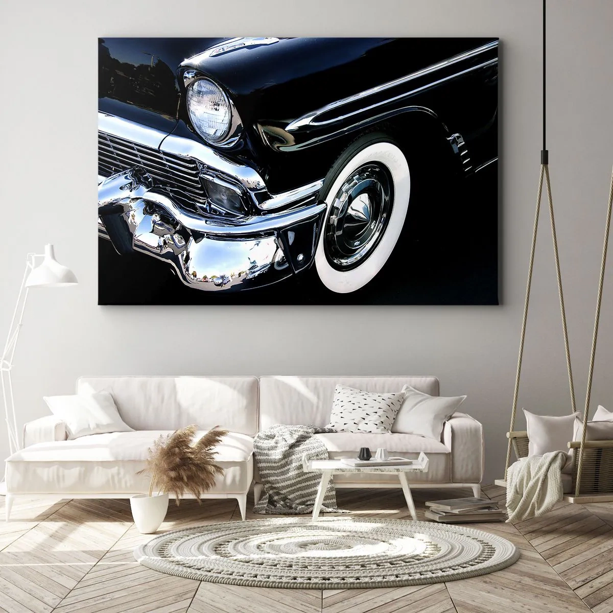 Lærredstryk - Billede på lærred - Sort klassisk bil nærbillede af forlygte og skærm - 70x50cm - Klassikere i sølv, sort og hvid - Moderne vægdekoration til stue og soveværelse ARTTOR