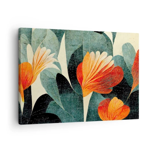 Lærredstryk - Billede på lærred - Blomster i intense nuancer af orange og grøn - 70x50cm - Varmen fra troperne og køligheden fra det grønne - Moderne vægdekoration til stue og soveværelse ARTTOR