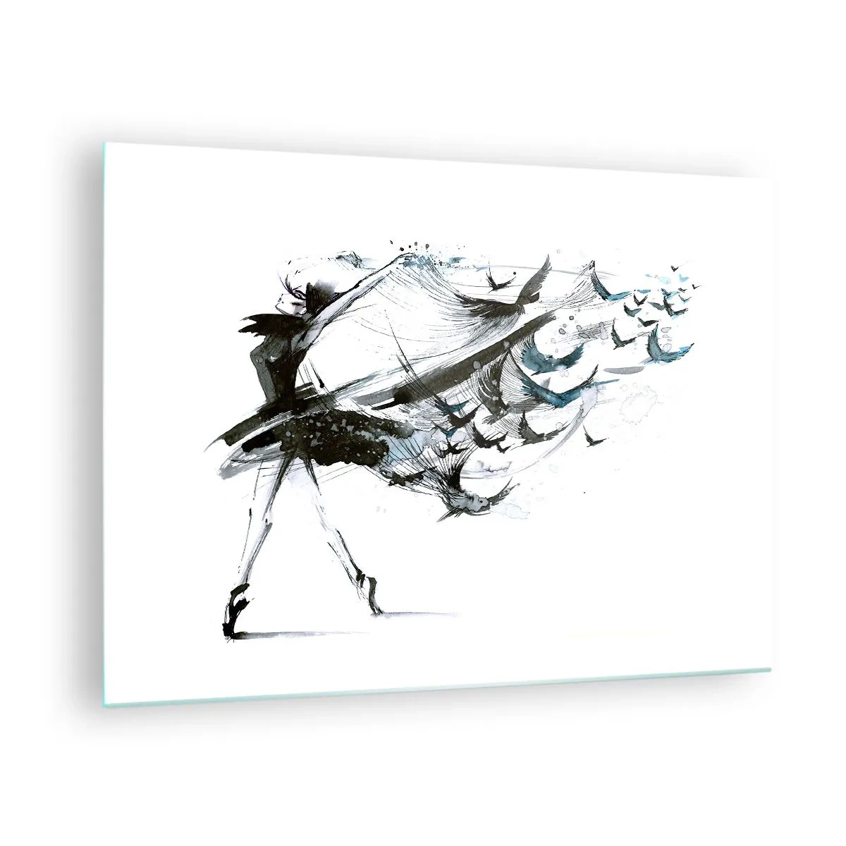 Billede på glas - Danser i bevægelse med svævende fugle - 70x50cm - Musikkens magi sætter dig fri - Moderne vægdekoration til stue og soveværelse ARTTOR