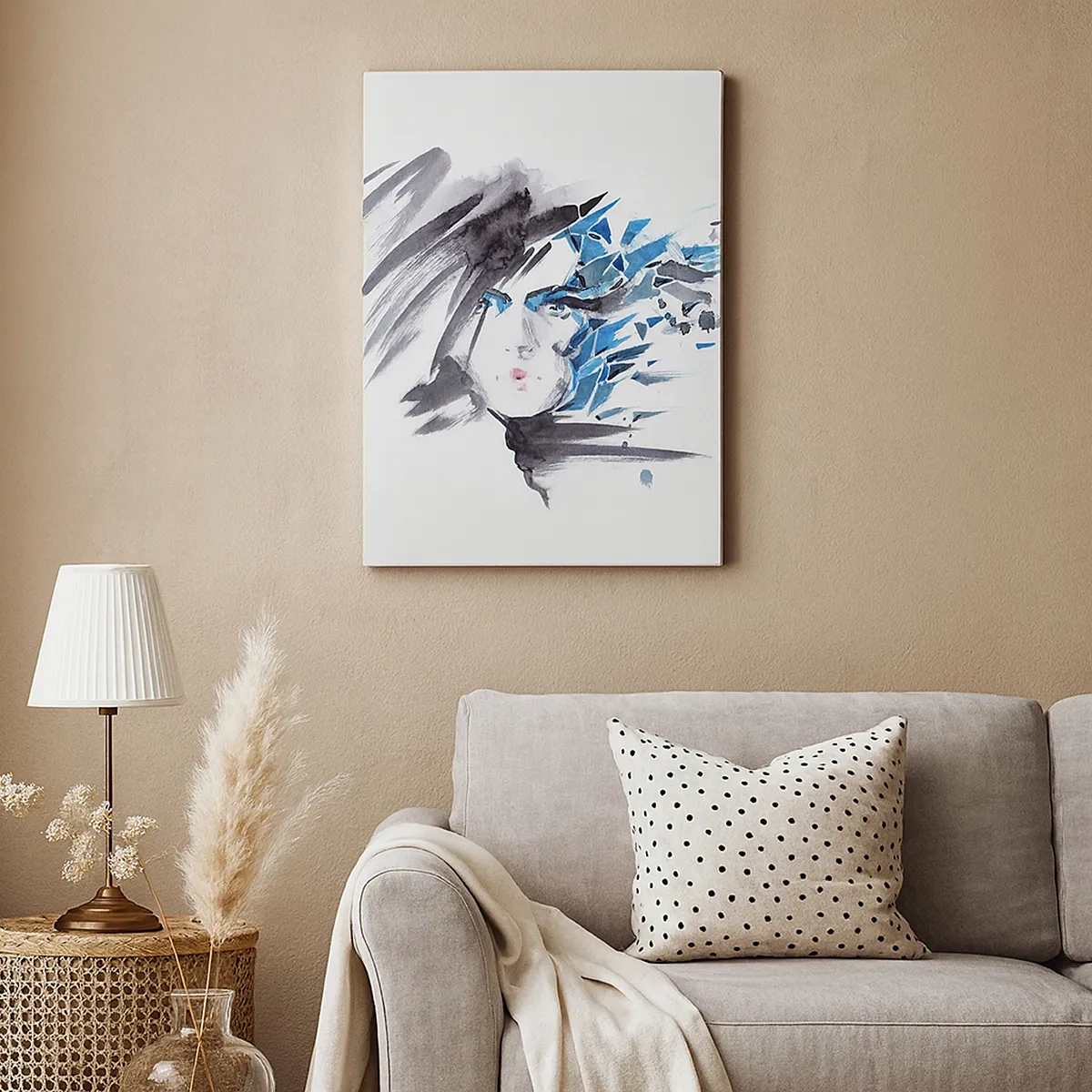 Lærredstryk - Billede på lærred - Sensuelt portræt i grå og blå farver - 50x70 cm