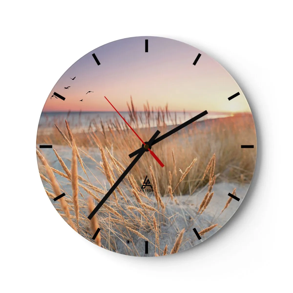 Vægur, Uret - Strandgræs ved solnedgang med udsigt over havet - 30x30cm - Baltisk vuggevise - Moderne vægdekoration til stue, køkken og soveværelse ARTTOR