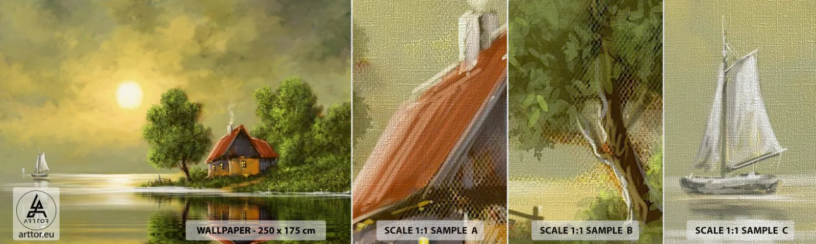 Prøve Fototapet Premium Canvas - Smukt, som fra et billede - Landskab, Landehus, Sejlbåd - 100x30 cm