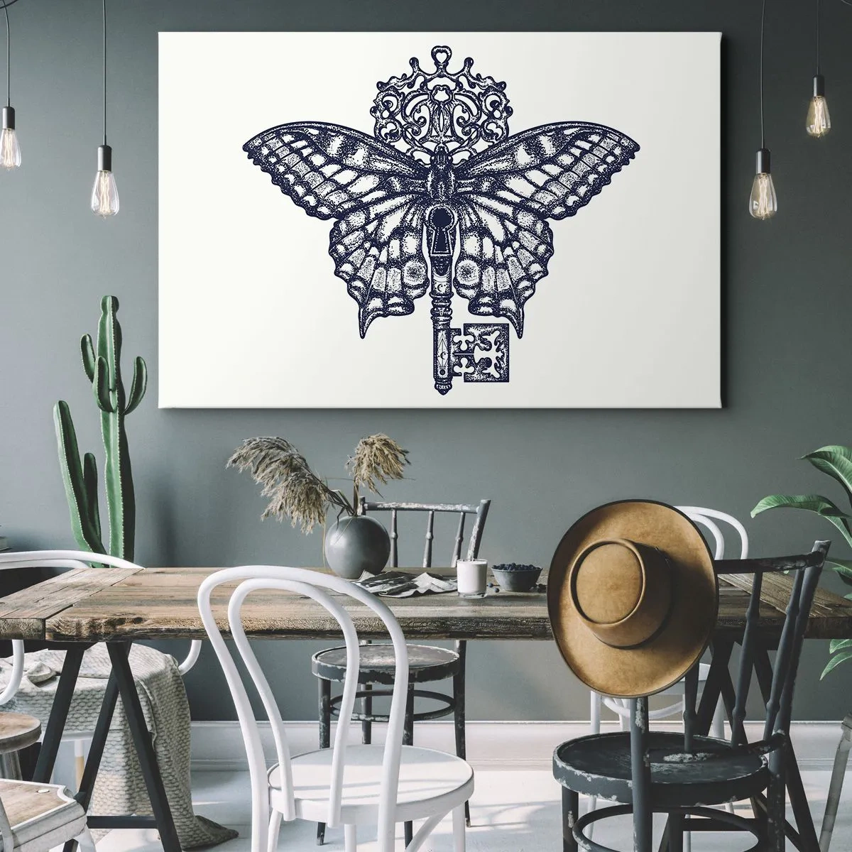 Lærredstryk - Billede på lærred - Stilfuld sommerfugl- og nøglegrafik i minimalistisk stil - 70x50cm - Alle hjertets hemmeligheder - Moderne vægdekoration til stue og soveværelse ARTTOR
