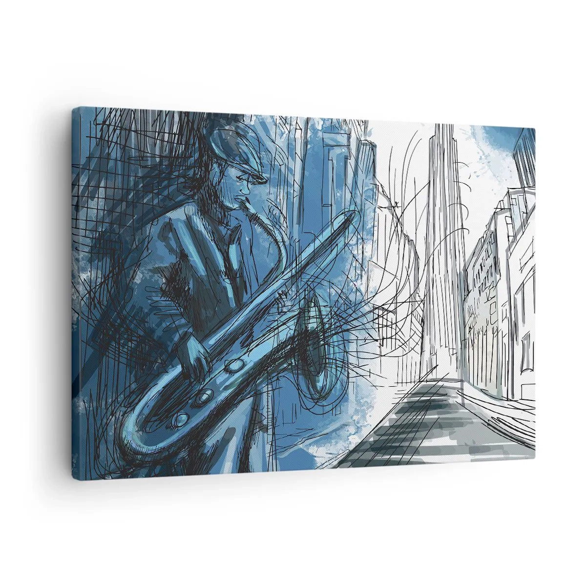 Lærredstryk - Billede på lærred - En figur, der spiller saxofon mod en bys baggrund - 70x50cm - Byens rapsodi - Moderne vægdekoration til stue og soveværelse ARTTOR