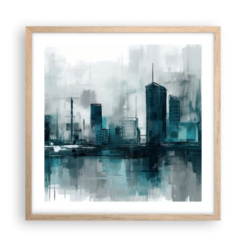 Plakat i ramme af lyst egetræ - Regnfarvet by - 50x50 cm