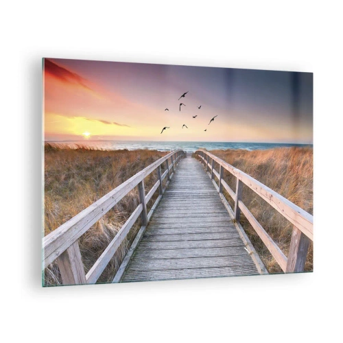 Billede på glas - En træbro over klitterne, der fører til stranden ved solnedgang - 70x50cm - Rummet med højder - Moderne vægdekoration til stue og soveværelse ARTTOR
