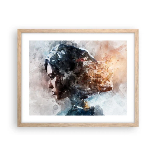 Plakat i ramme af lyst egetræ - Historien om en pige med en by i baggrunden - 50x40 cm