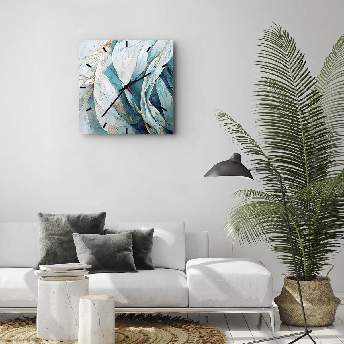 Vægur, Uret - Blå abstraktion med et guldmotiv - 30x30 cm