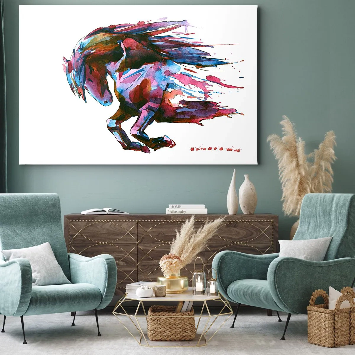 Lærredstryk - Billede på lærred - En hest i dynamiske abstrakte farver, der symboliserer frihed - 70x50cm - I henrykkelse - Moderne vægdekoration til stue og soveværelse ARTTOR