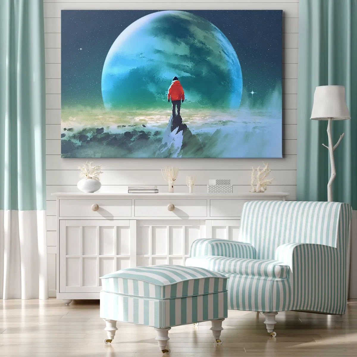 Lærredstryk - Billede på lærred - En mand i en rød jakke står foran en stor planet med stjerner i baggrunden. - 70x50cm - Opdageren af et nyt land - Moderne vægdekoration til stue og soveværelse ARTTOR