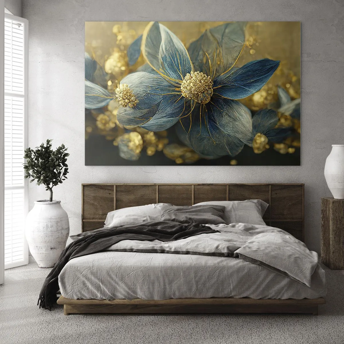 Billede på glas - Blå og gyldne blomster med en luksuriøs fornemmelse - 70x50cm - Blomstre med guld - Moderne vægdekoration til stue og soveværelse ARTTOR