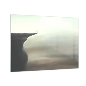 Billede på glas - Silhuet af en person, der står på kanten af en klippe over tågen - 70x50cm - Opad, selvfølgelig! - Moderne vægdekoration til stue og soveværelse ARTTOR