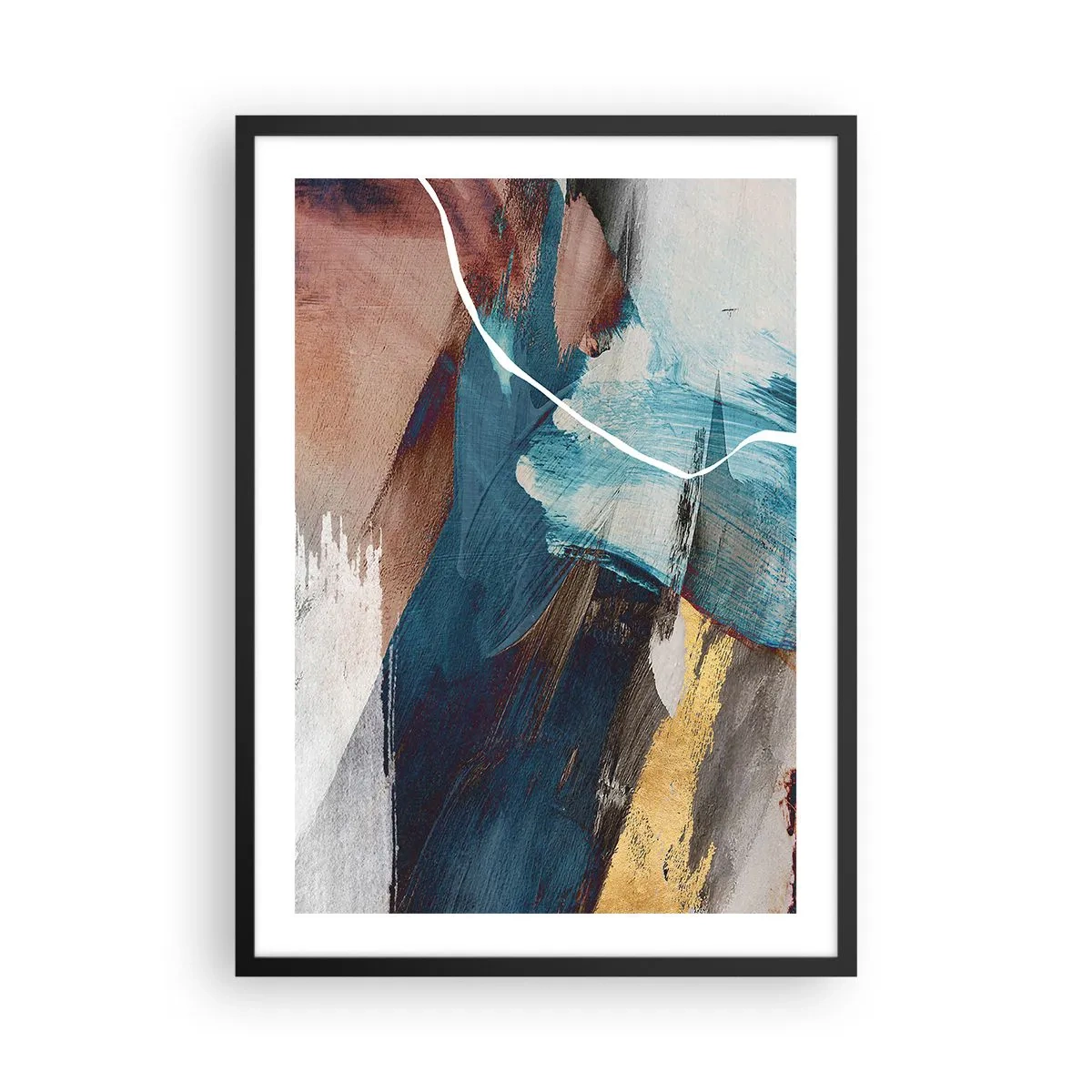 Plakat i sort ramme - Udtryksfuld abstraktion i nuancer af blå og guld - 50x70cm - Med flair og energi - Moderne vægdekoration til stue og soveværelse ARTTOR