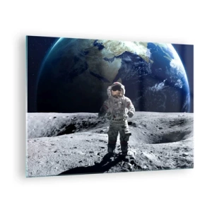 Billede på glas - Astronaut på månens overflade med Jorden i baggrunden - 70x50cm - Hilsner fra månen - Moderne vægdekoration til stue og soveværelse ARTTOR