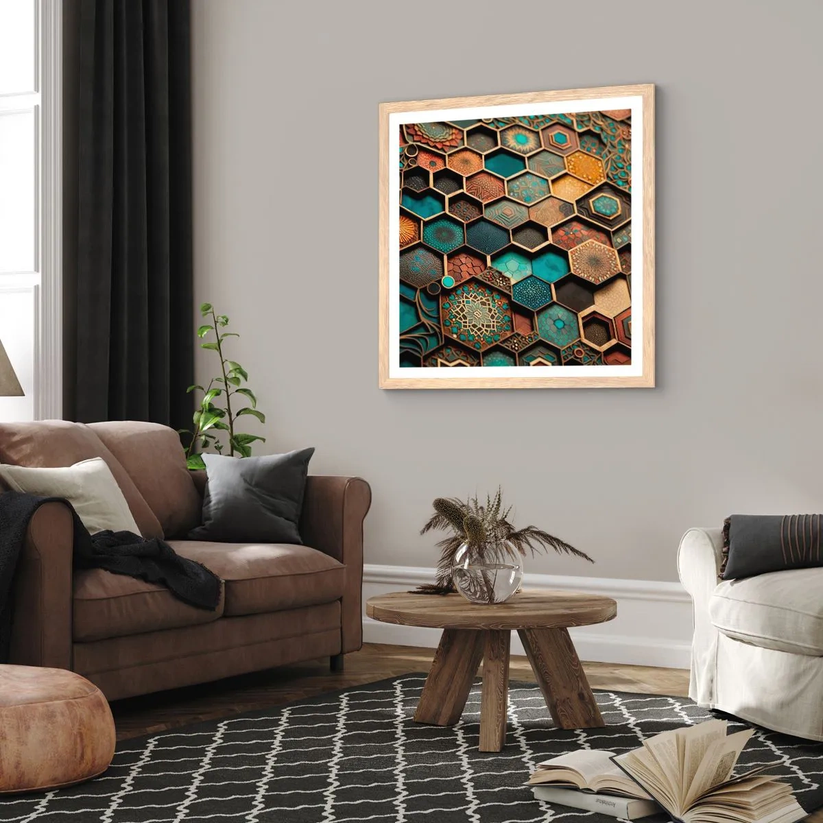 Plakat i ramme af lyst egetræ - Arabiske ornamenter - en variation - 50x50 cm