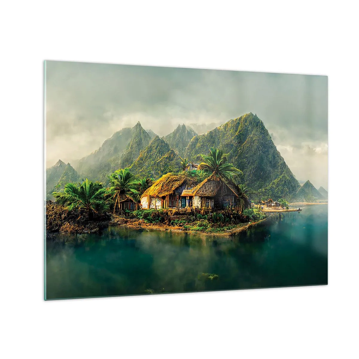 Billede på glas - En tropisk landsby ved vandet omgivet af bjerge og palmer - 70x50cm - Tropisk paradis - Moderne vægdekoration til stue og soveværelse ARTTOR