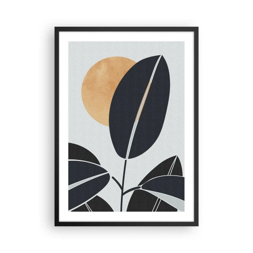 Plakat i sort ramme - En minimalistisk komposition af blade mod solens baggrund - 50x70cm - En dag med varm sommer - Moderne vægdekoration til stue og soveværelse ARTTOR