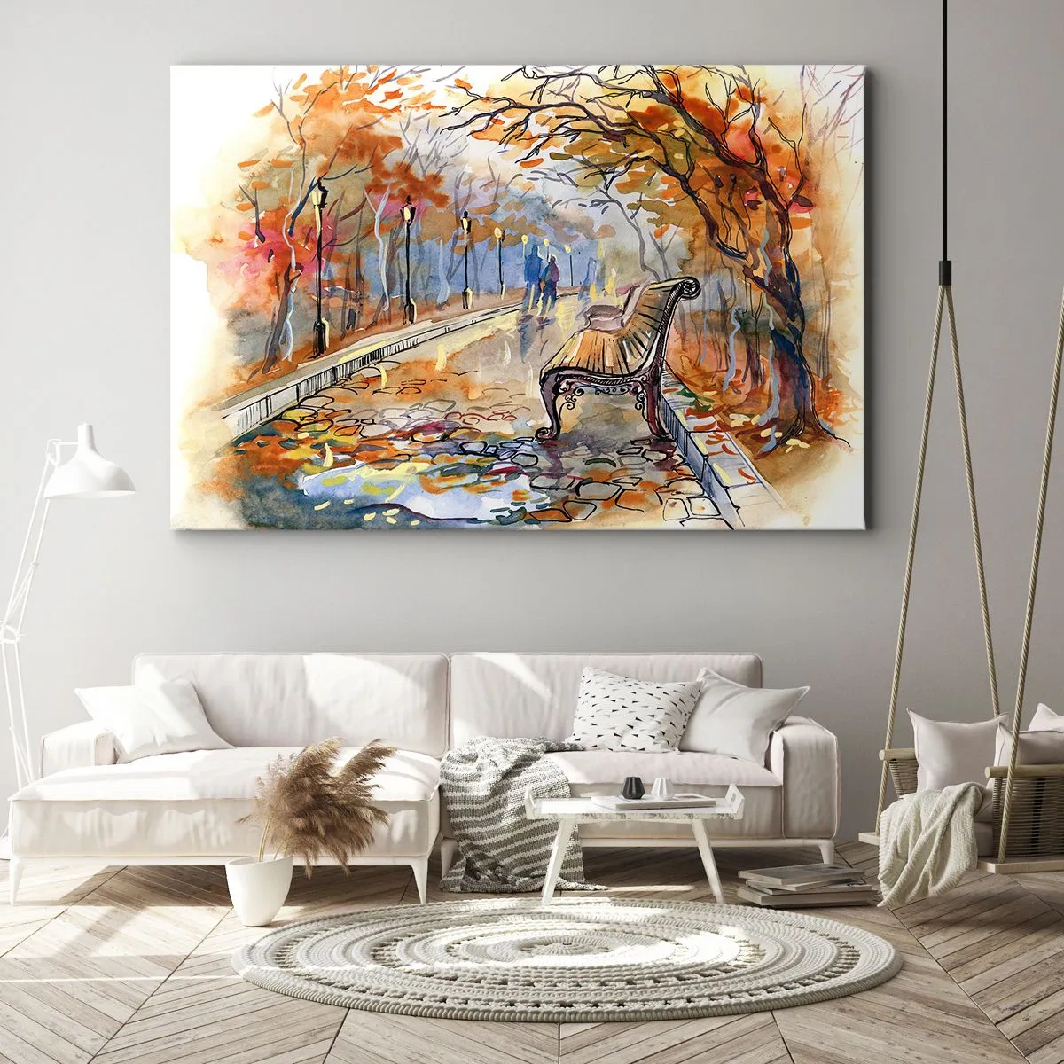 Lærredstryk - Billede på lærred - En efterårspark med en bænk i akvarel - 70x50cm - Gå sammen ind i efteråret - Moderne vægdekoration til stue og soveværelse ARTTOR