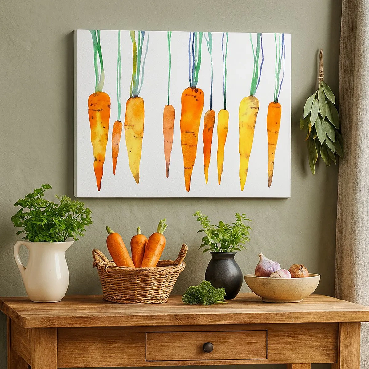 Lærredstryk - Billede på lærred - Akvarelgulerødder i forskellige nuancer på en hvid baggrund - 70x50cm - Skønheden ved det almindelige - Moderne vægdekoration til stue og soveværelse ARTTOR