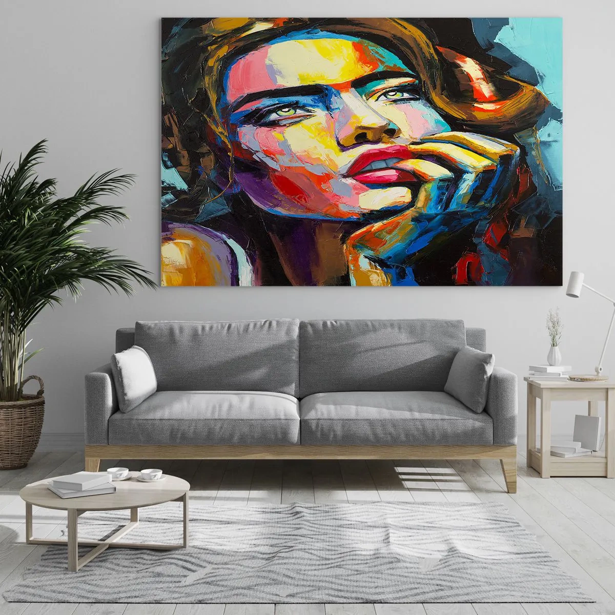 Billede på glas - Portræt af en kvinde i intense abstrakte farver - 70x50cm - Drømme som fugle svæver gennem himlen - Moderne vægdekoration til stue og soveværelse ARTTOR